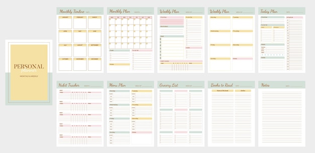 Vetor modelos de página de planejador pessoal para impressão minimalista diário, semanal e mensal para rotina diária