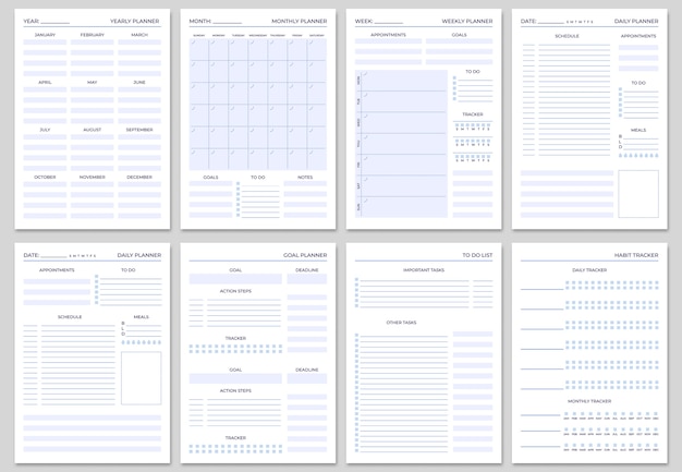 Vetor modelos de páginas de planejador minimalistas.