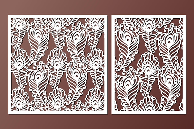 Modelos de painel decorativo cortado a laser com padrão de penas de pavão. modelo de convite de casamento ou cartão de felicitações. tela de fretwork do gabinete. design de metal, escultura em madeira, vetor.