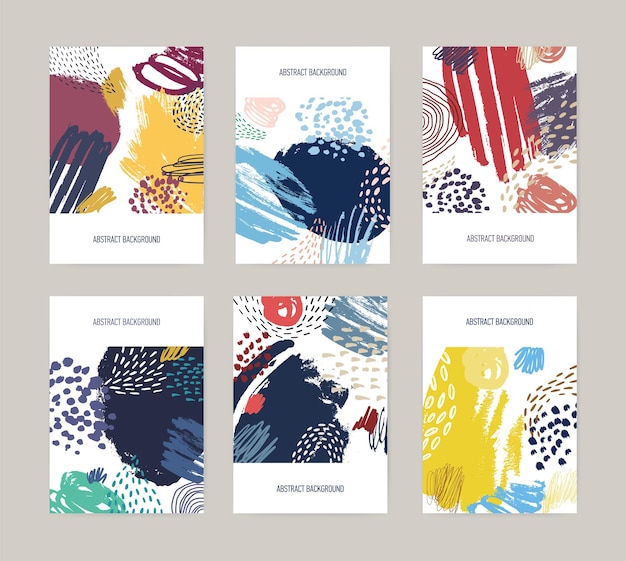 Modelos de panfletos de coleção com manchas de tinta coloridas brilhantes abstratas, manchas, gotas, rabiscos, pinceladas em branco