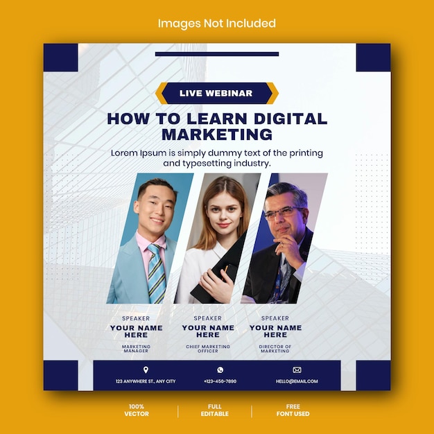 Modelos de postagem do Instagram de webinar de marketing digital moderno azul branco