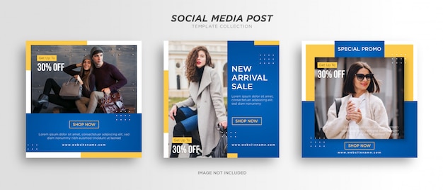 Modelos de postagem em mídia social azul com amarelo minimalista