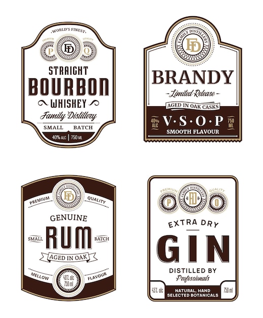 Modelos de rótulos vintage de bebidas alcoólicas. rótulos de bourbon, conhaque, rum e gin.