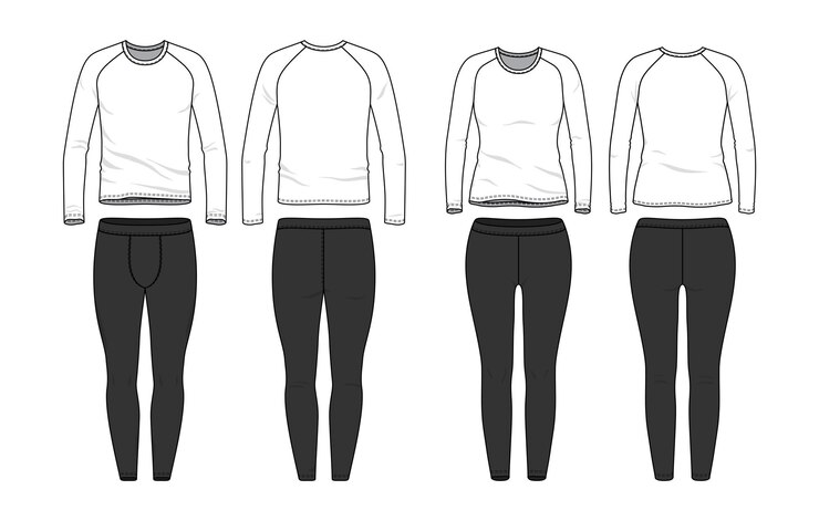 Modelos de roupas em branco para homens e mulheres de top de manga comprida raglan e leggings