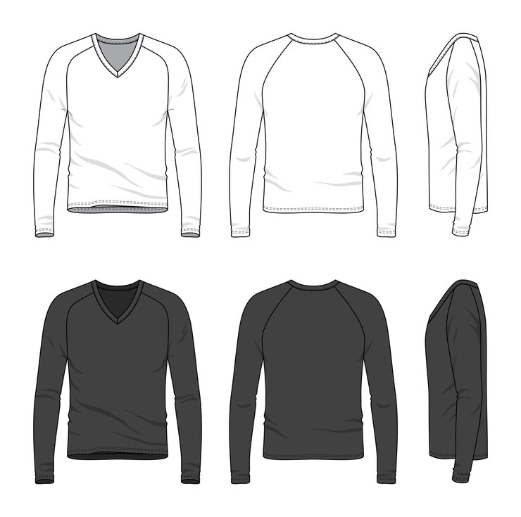 Modelos de roupas masculinas em branco de top de mangas compridas raglan com decote em V