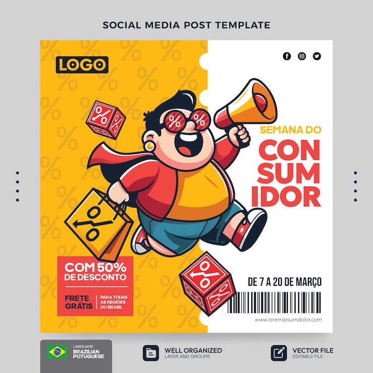 Vetor modelos de saudação da semana do consumidor e várias promoções para campanhas de marketing no brasil