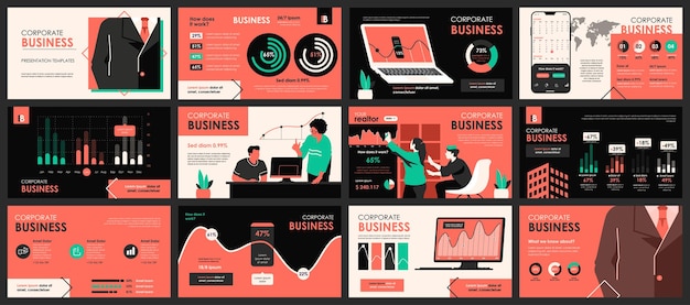 Vetor modelos de slides de apresentação de reuniões de negócios com elementos de infográfico