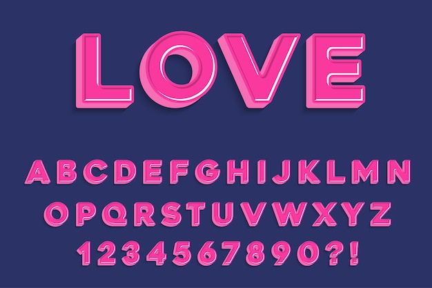 Modern 3D loucura rosa letras do alfabeto, números e símbolos. Doce tipografia. Vetor