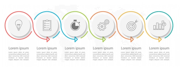 Modern círculo cronograma infográfico 6 opções ou etapas.