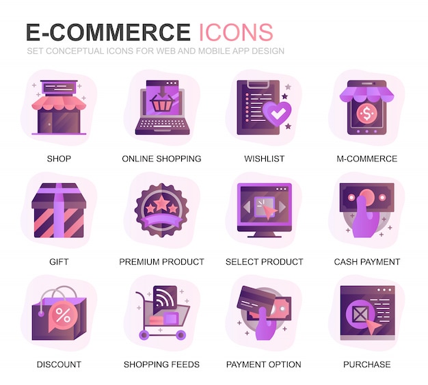 Modern set e-commerce e ícones planas de gradiente de compras