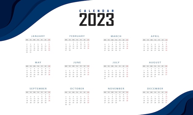 Moderna onda azul ano novo 2023 design vetorial de calendário