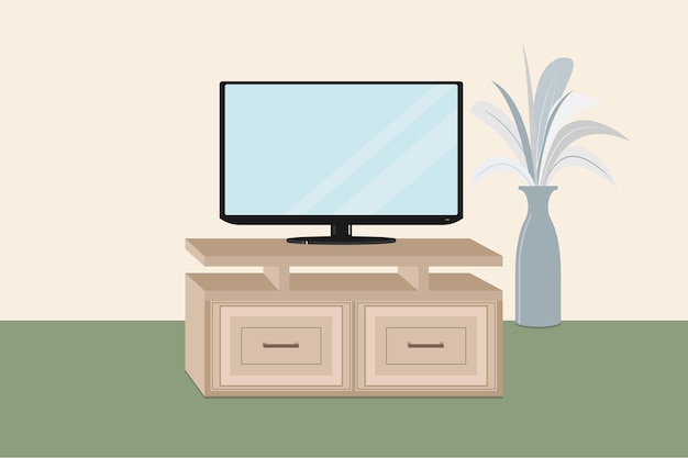 Vetor moderna sala de estar com equipamento de tv. ilustração em vetor. tv grande e vaso com flores