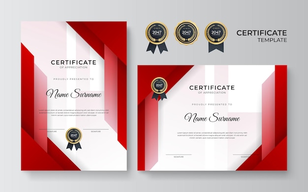 Moderno design de modelo de certificado vermelho e dourado para negócios e prêmio de conquista com crachá dourado