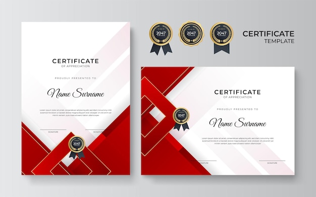 Moderno design de modelo de certificado vermelho e dourado para negócios e prêmio de conquista com crachá dourado