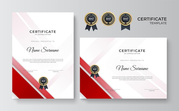 Moderno design de modelo de certificado vermelho e dourado para negócios e prêmio de conquista com crachá dourado
