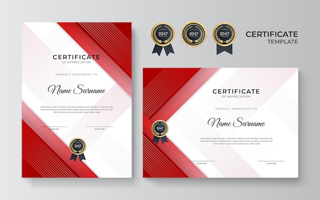 Moderno design de modelo de certificado vermelho e dourado para negócios e prêmio de conquista com crachá dourado