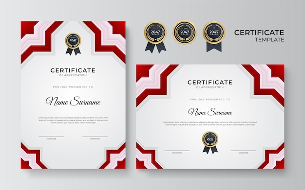 Moderno design de modelo de certificado vermelho e dourado para negócios e prêmio de conquista com crachá dourado