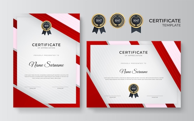 Moderno design de modelo de certificado vermelho e dourado para negócios e prêmio de conquista com crachá dourado