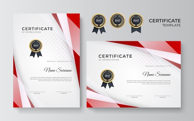 Moderno design de modelo de certificado vermelho e dourado para negócios e prêmio de conquista com crachá dourado