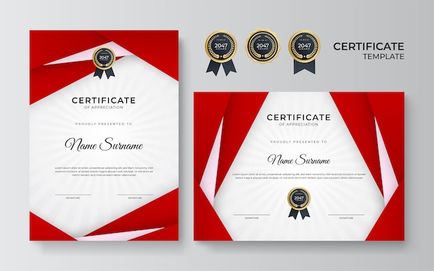 Moderno design de modelo de certificado vermelho e dourado para negócios e prêmio de conquista com crachá dourado