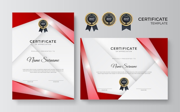 Moderno design de modelo de certificado vermelho e dourado para negócios e prêmio de conquista com crachá dourado