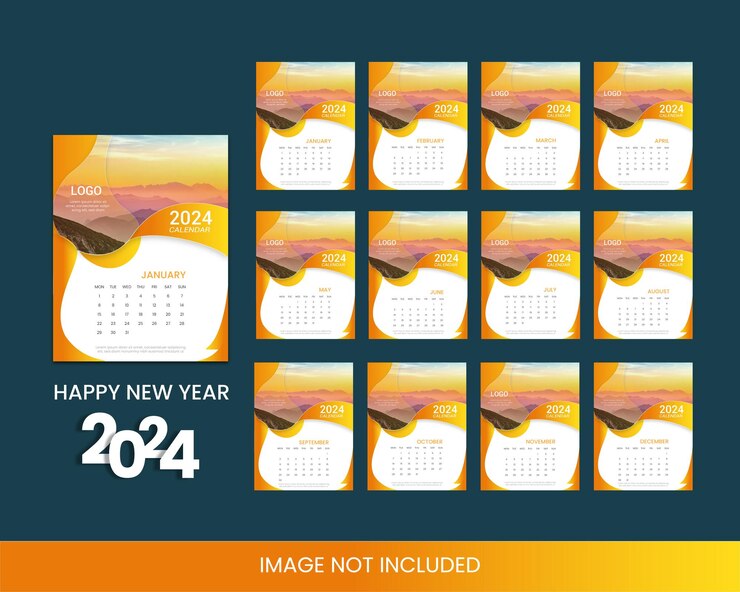 Vetor moderno modelo de design de calendário de parede de ano novo em inglês de 2024 em vetor de estilo de negócios