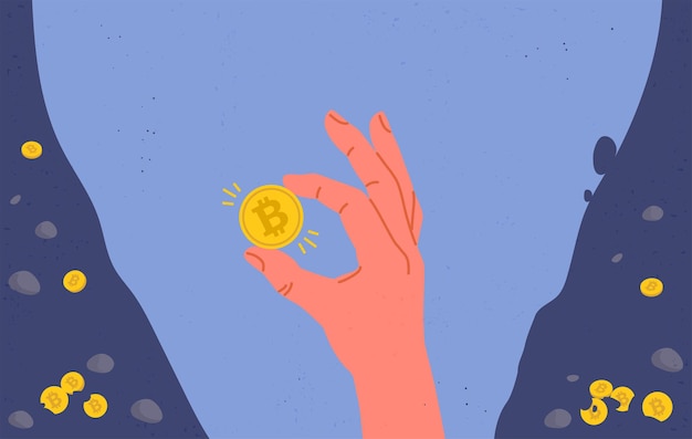 Moeda bitcoin em mãos. ilustração plana.