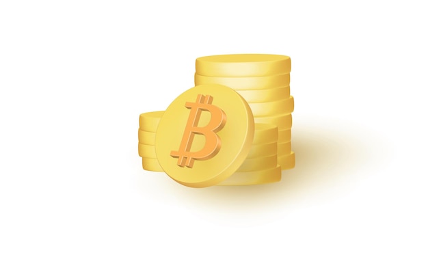 Moeda Bitcoin em pé perto de pilhas de tokens na ilustração de renderização 3d de fundo branco