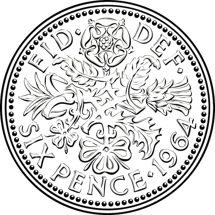 Vetor moeda britânica de seis centavos reversa com design floral preto e branco
