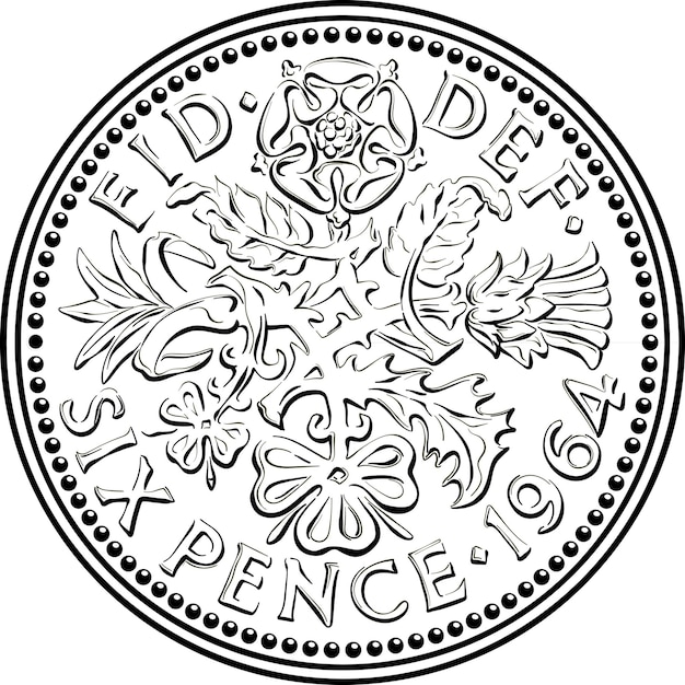 Moeda britânica de seis centavos reversa com design floral preto e branco