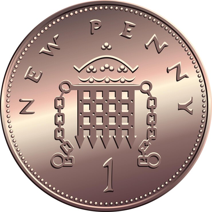 Vetor moeda de bronze britânica nova de um centavo com ponte levadiça e coroa isolada no fundo branco