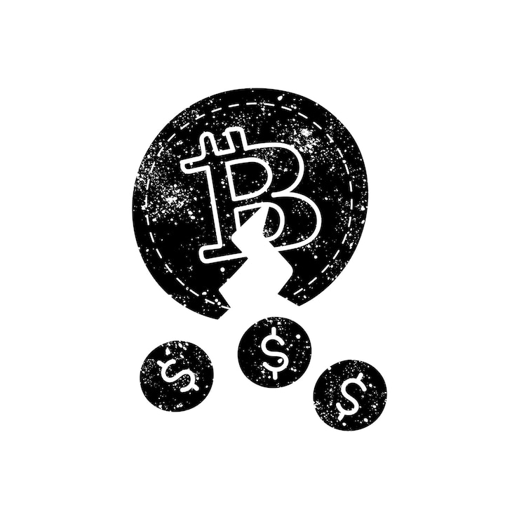 Vetor moeda de criptomoeda bitcoin e dólar ícone desenhado à mão preto em look grunge