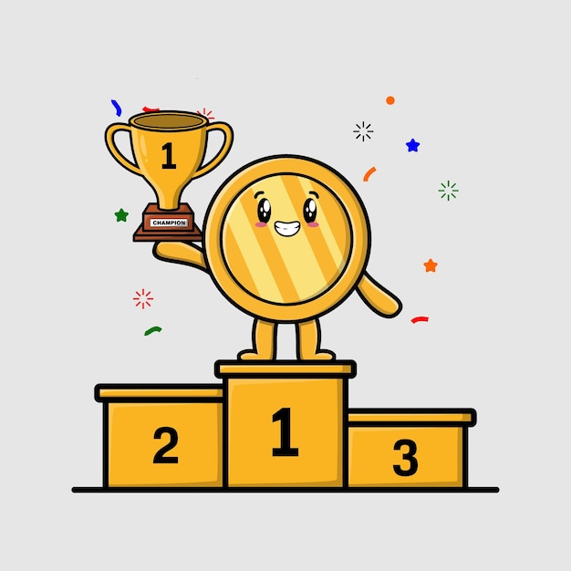 Moeda de ouro de desenho animado bonito como o primeiro vencedor com expressão feliz em design de estilo moderno 3d