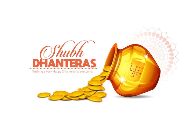 Moeda de ouro Dhanteras feliz na página da web, pôster e banner da lâmpada Kalash ou Pot e Diya.