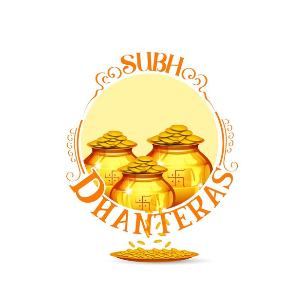 Moeda de ouro Dhanteras feliz na página da web, pôster e banner da lâmpada Kalash ou Pot e Diya.