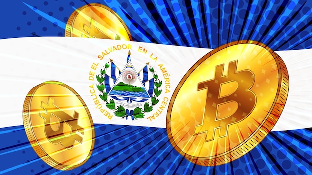 Moeda de ouro do Bitcoin BTC e bandeira colorida de El Salvador em segundo plano O Banco Central de El Salvador aprovou leis sobre mineração e ativos digitais