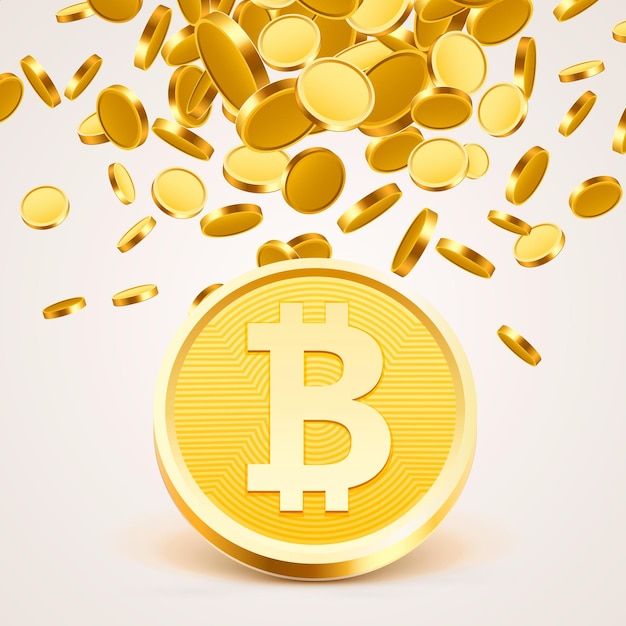 Moeda de ouro em dinheiro bitcoin, fundo de muitas moedas