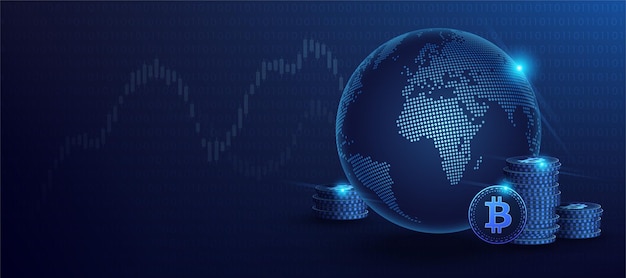 Vetor moeda digital bitcoin azul e holograma do globo do mundo
