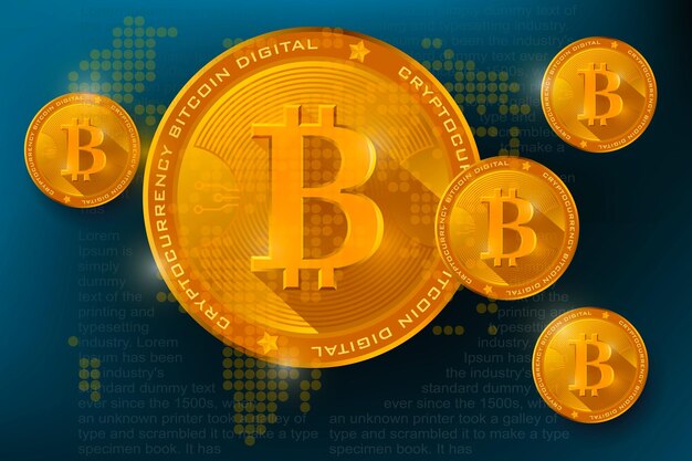 Moeda digital de bitcoin dourado bitcoin cryptocurrency e ilustração de holograma do globo do mundo