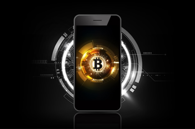 Vetor moeda digital de bitcoin dourado em smartphone