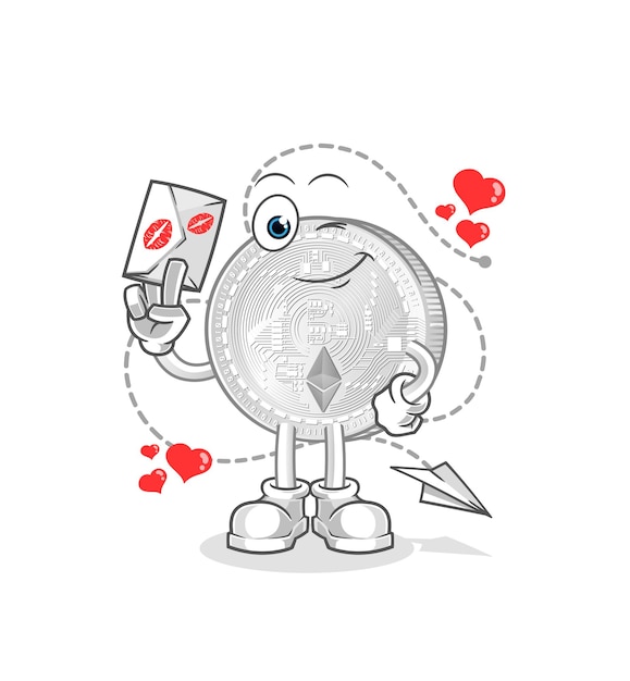 Moeda ethereum segura ilustração de carta de amor. vetor de personagem