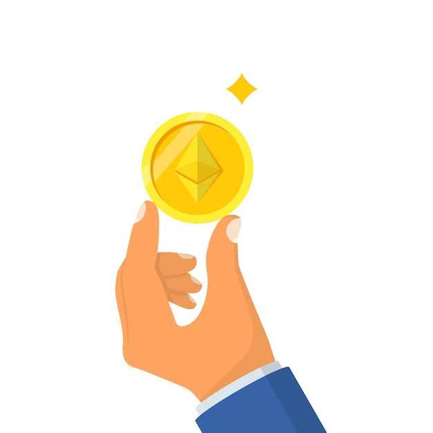 Moeda ethereum segurando na mão homem Extração de moeda criptográfica Dinheiro digital vetor