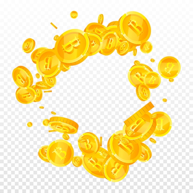 Moedas bitcoin caindo criptomoeda espalhadas ouro btc moedas internet moeda grande conceito de sucesso empresarial ilustração vetorial quadrada