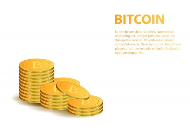 Moedas de bitcoin dourado realistas para decoração de banner em fundo branco. conceito de moeda digital, mineração e dinheiro.