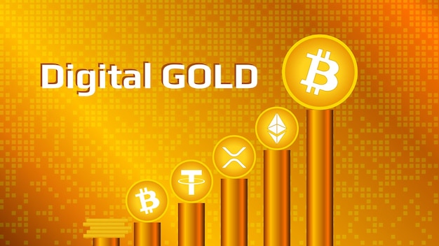 Moedas de criptomoeda em pedestais de ouro em um fundo dourado Bitcoin e altcoins de ouro digital são classificados por volume Vetor EPS10