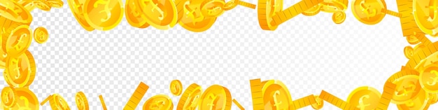 Moedas de libra britânica caindo Moedas de ouro espalhadas Moedas de GBP Dinheiro do Reino Unido Jackpot Conceito de riqueza ou sucesso Ilustração vetorial panorâmica