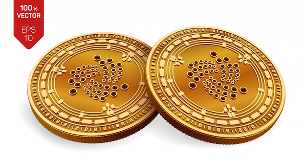Moedas de ouro de criptomoeda com Iota símbolo isolado no fundo branco.