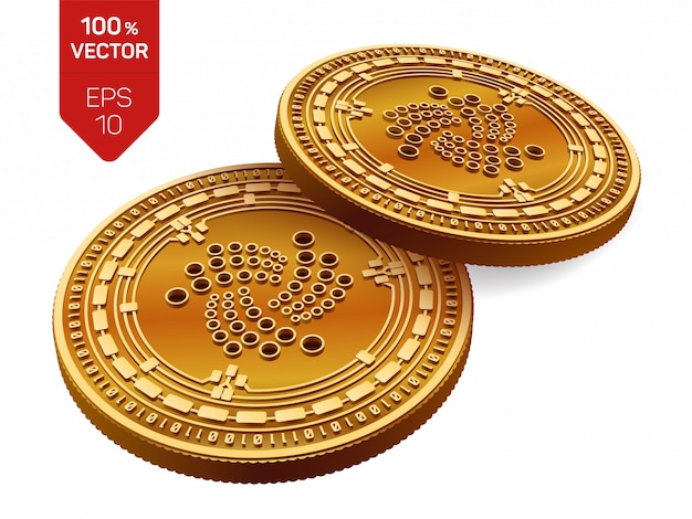 Moedas de ouro de criptomoeda com Iota símbolo isolado no fundo branco.