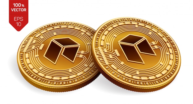Moedas de ouro de criptomoeda com símbolo neo isolado no fundo branco.