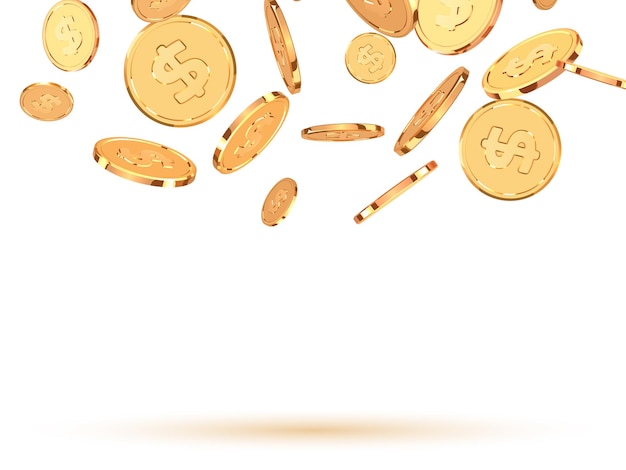 Moedas de ouro. Dinheiro de ouro 3D realista isolado em fundo branco. Moeda de metal de dólar. Ilustração vetorial